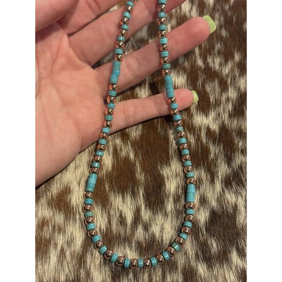 Native American 5mm Copper Navajo Pearl Blue Turquoise HEISHI Necklace 18” - Picture 9 of 10